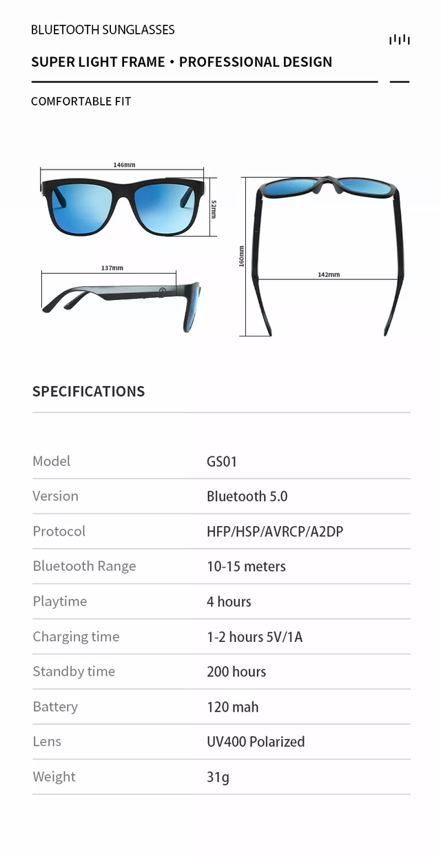 Smart Audio Glasses TWS Wireless Earphone Handsfree Eyewear